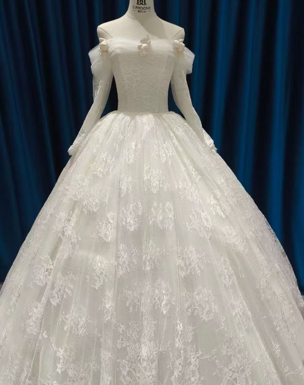 ウエディングドレス オフホワイト オフショルダー バラトレーン 編み上げ 贅沢な総レース ロングスリーブ 結婚式