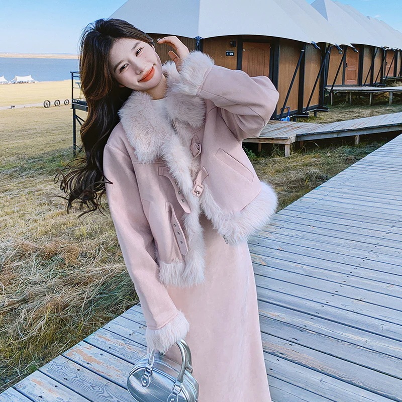 2025新作 秋冬 アウター ジャケット ファーコート+スカート 無地 上下セット体型カバー 二点セット 上下セット セットアップ ロングスカート ワンピース おしゃれ 気質 韓国ファッション 福袋