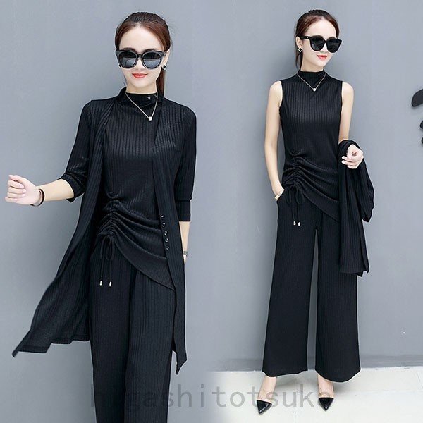 セットアップレディースカジュアル40代春秋長袖3点セットニットカーディガンガウチョパンツフォーマル大きいサイズおしゃれ通勤大人上品着痩せ