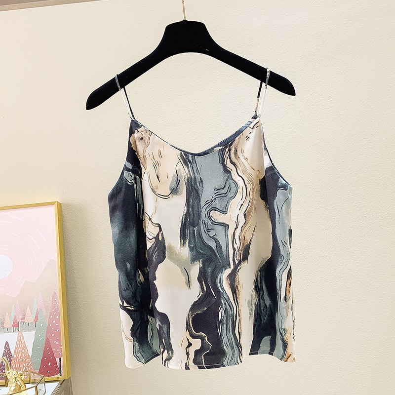 サテン調キャミソール レディース トップス ストリート シンプル カジュアル おしゃれ こなれ感 花柄 夏 通勤 お出かけ 公園 休日 重ね着 S M L XL 2XL 3XL 4XL ネイビー