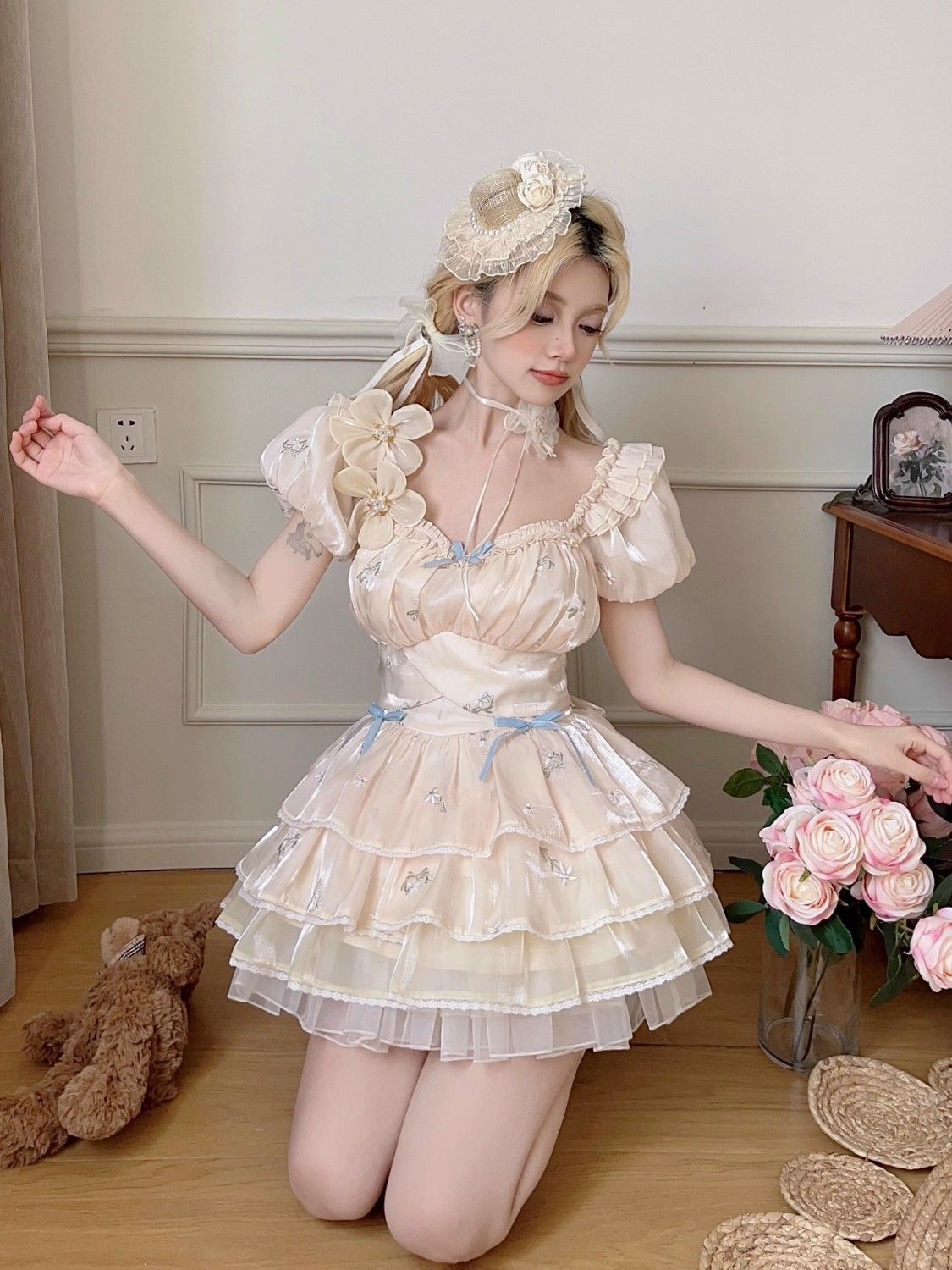 ロリータ かわいいフリル バレエ風 蝶結び トップス半身スカートセット バースデードレス ワンピース 5,283円