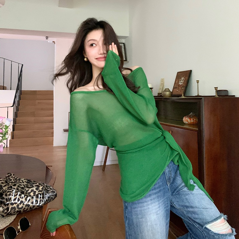 長いxierの夏の女性の光と通気性のあるゆるいウールの長袖トレンディデザイングリーントップ