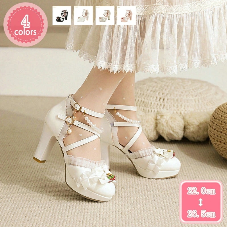 777円OFFクーポン アンクルストラップ ストラップパンプス 太ヒール レディース ロリータ靴 厚底靴 JK コスプレ 制服 女子高生 高校生 リボン フリル 可愛い ダブルベルト 安定感 低反発