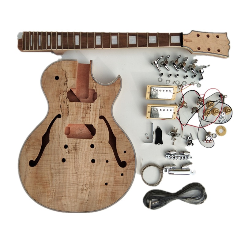 無塗装カスタム半製品6弦エレキギターF穴地図図案カエデ表層桃心木琴ボディdiyギターキット HG402