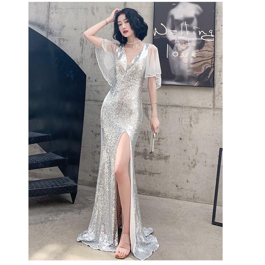 マーメイドドレス パーティードレス ロング丈ドレス 上品 袖あり 結婚式 ウエディングドレス フォー