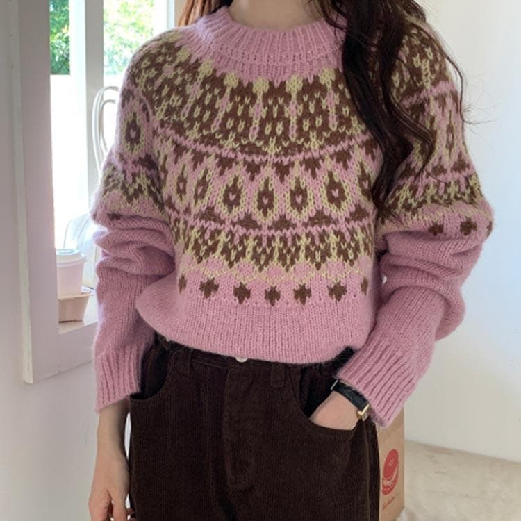 ウール混 秋冬 ノルディック柄 暖かい ニット レディース おしゃれ セーター 厚手 トップス ニットトップス 求心柄ニット 求心柄 ニットプルオーバ