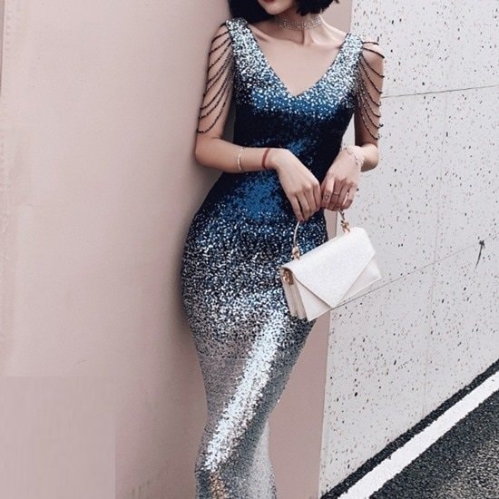 【取寄：納期2週間】ドレス ロングマキシ レディース スパンコール フィッシュテール 光沢 ワンピースドレス