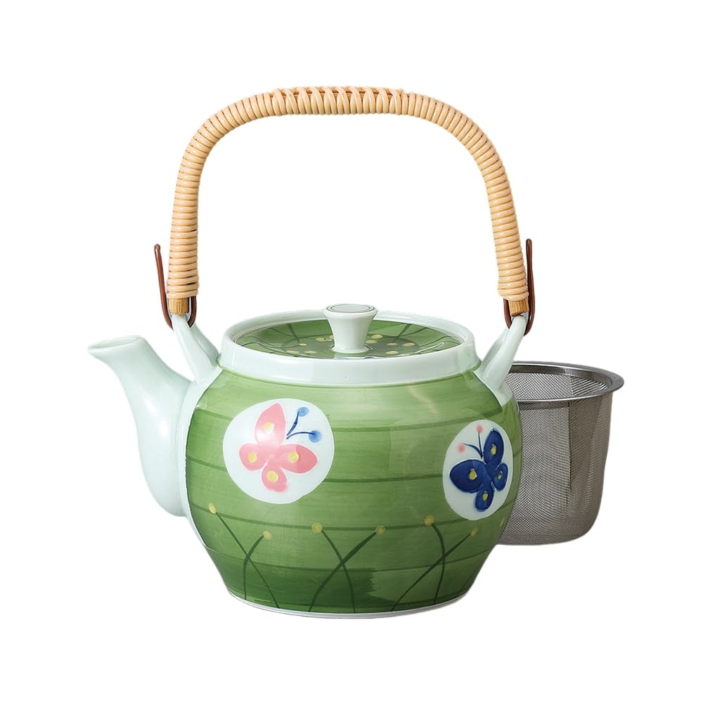 急須 ポット （ステンレス 茶こし付き） 1800cc 有田焼 グリーン巻蝶 カゴ網付 １０号土瓶 磁器 日本製 おしゃれ
