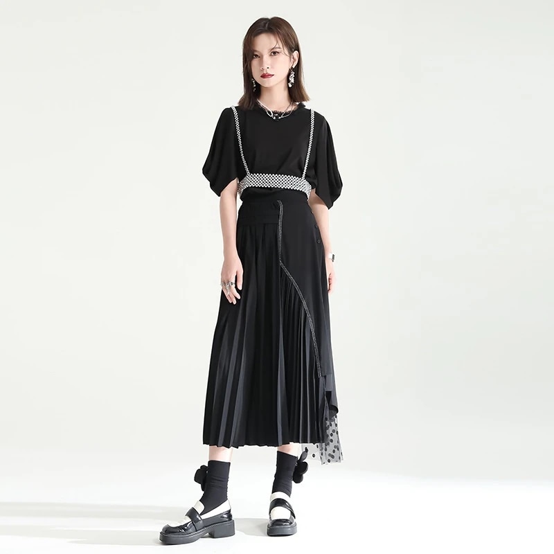 レースアップ 韓国 【飾りベルトは店で別販】 百掛け ドレス 上下セット サロペット スカート レディース フリル袖シャツ＋プリーツスカート