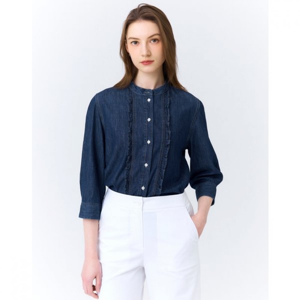 [24SS] [デニム] [100% コットン] ブルー 3/4スリーブデニムフリルブラウス HSSH4B228B2