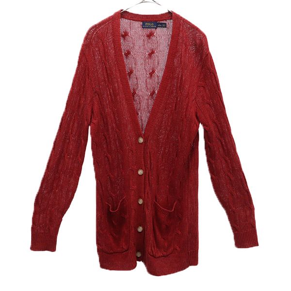リネン 長袖 ニットカーディガン S レッド レディース