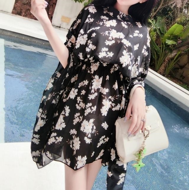 2195.フラワー シフォン ワンピース(ブラック)