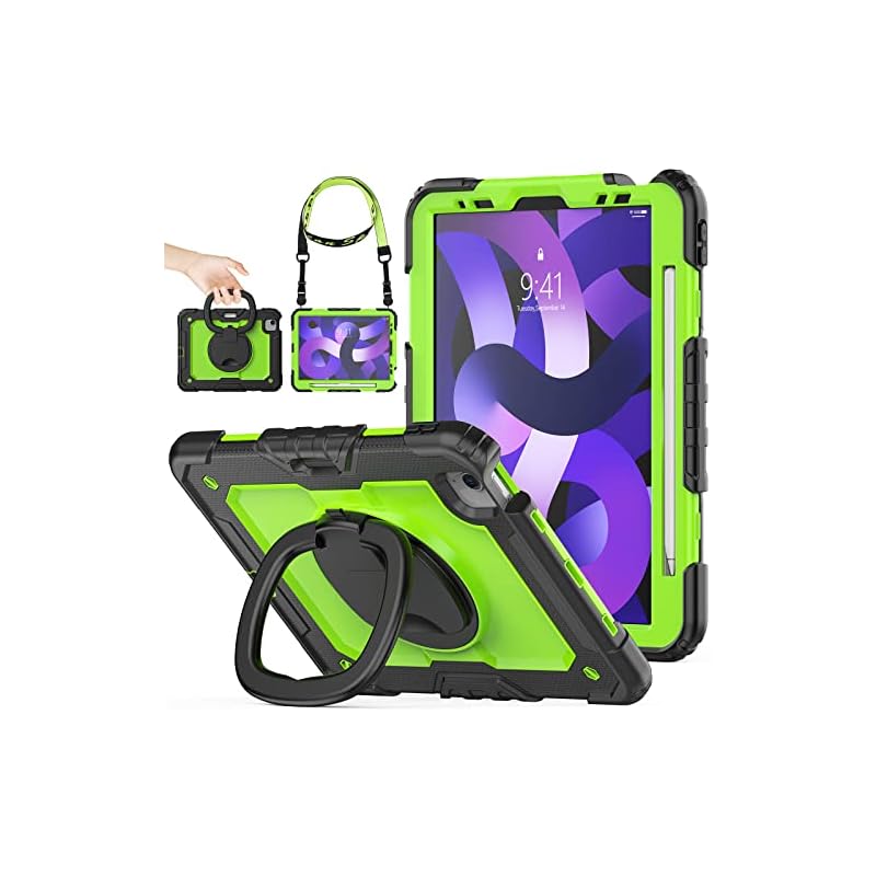 SEYMAC stock iPad Air 5/iPad Air 4 ケース リングハンドル耐衝撃ケース iPad Air第5世代/第4世代専用型 ペン収納 ショルダーストラップ 保護フィルム付きフレ