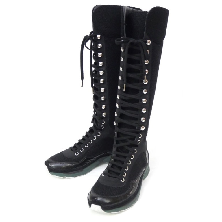 シャネル CHANEL ロング スニーカーブーツ 編み上げ 黒 36 【中古】(66386)