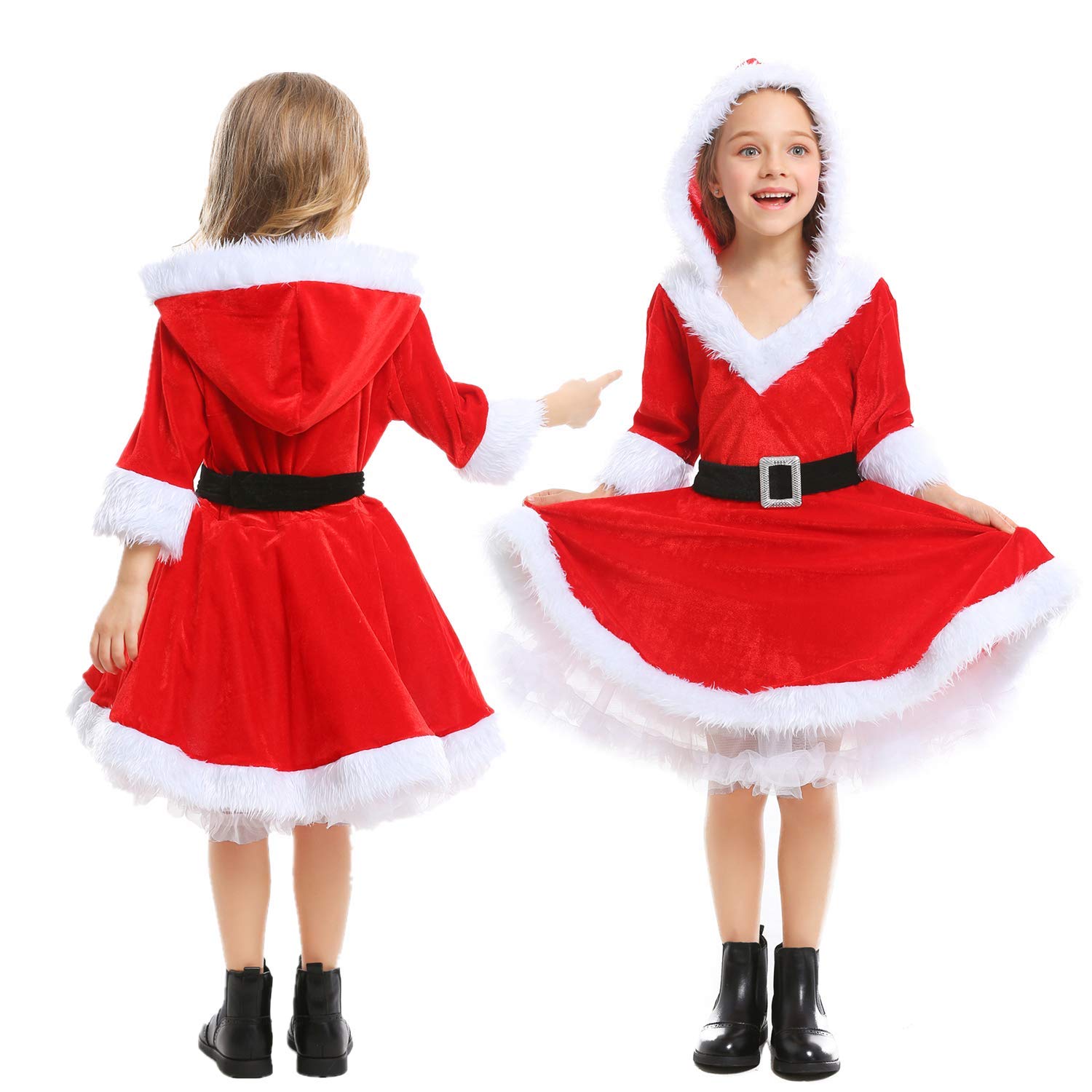 サンタ コスプレ 子供 女の子 かわいい クリスマス 衣装 サンタクロース 仮装 キッズ コスチューム フード付き ワンピース イベント パーティー 新年会 文化祭 学園祭今日は30パーセント