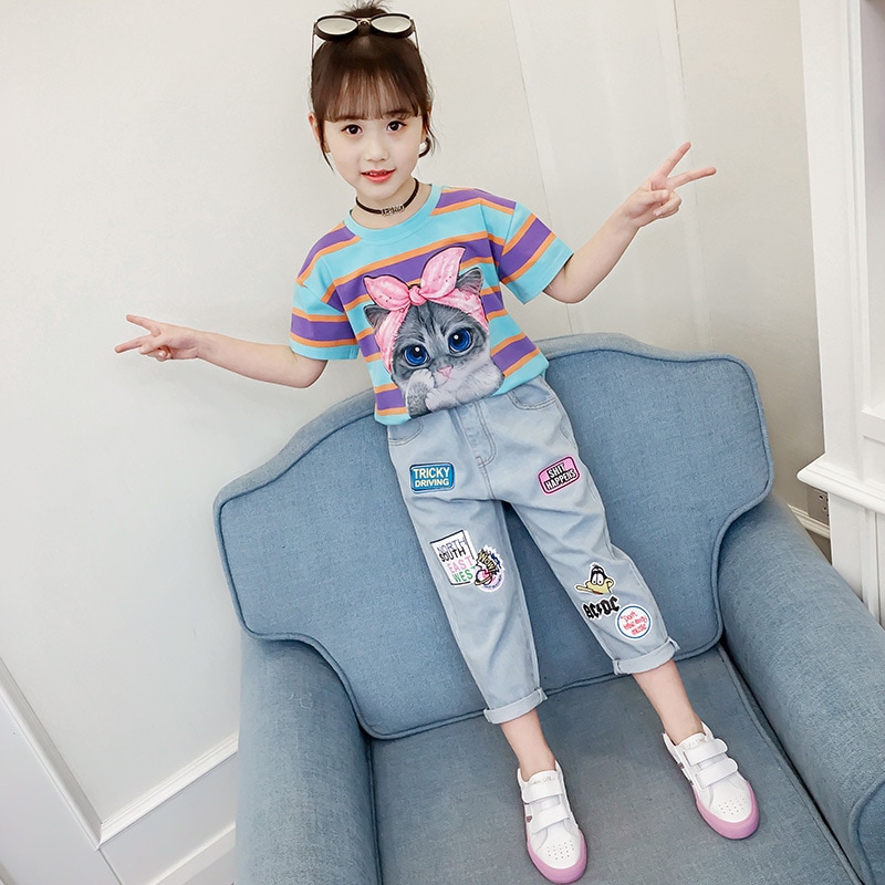 【子ども】猫柄ストライプTシャツとカジュアルジーンズ 2点セット 水色ピンク キッズ カジュアル 110 120 130 140 150cm 5,980円