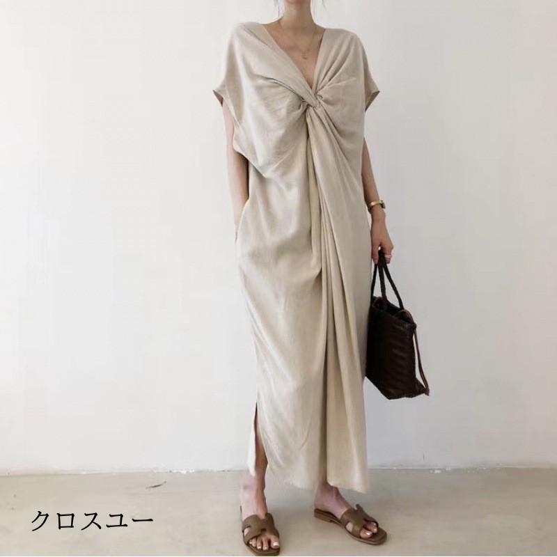 ワンピース レディース コットンリネン ロングワンピース オシャレ 無地 半袖 体型カバー 大きいサイズ 韓国ファション 旅行 春 秋