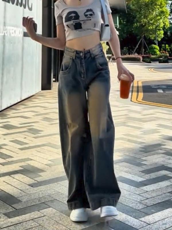 レディース ファッション オシャレ カワイイ シンプル 人カワイイ きいサイズ アメリカン ワイド レッグ ジーンズ ウォッシュ 加工 ロング パンツ ハイウエスト ストレート 5,211円