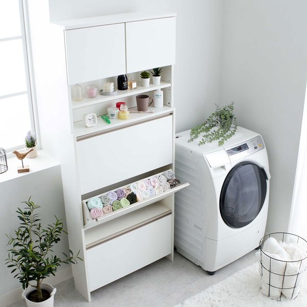 ランドリーラック ホワイト 幅75cm フラップ扉 スリム 薄型 ランドリーチェスト 洗面所収納 ランドリー収納 完成品