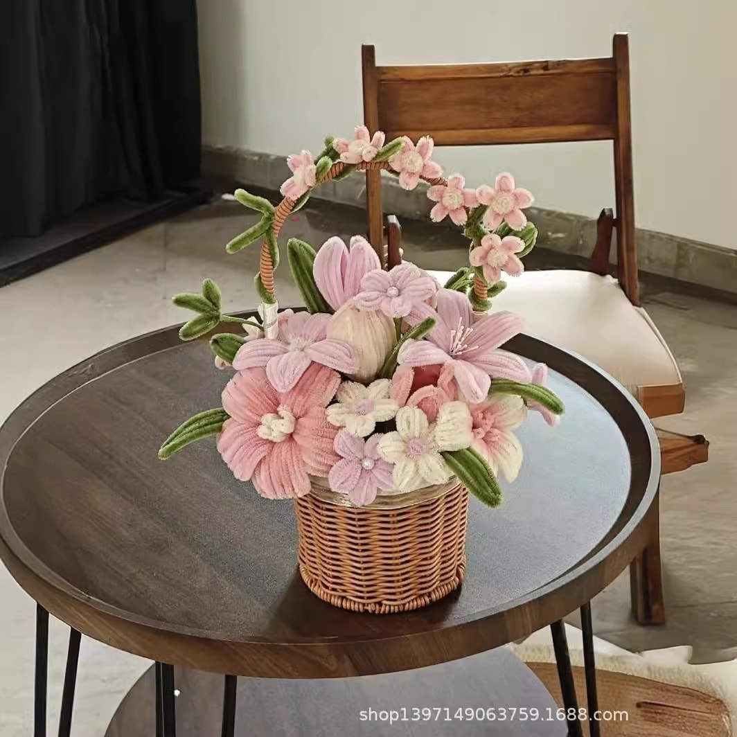 ツイストスティック花かご手作りDIY花束材料キット手作りひまわり・リップ・ユリ完成品友人へのプレゼントに