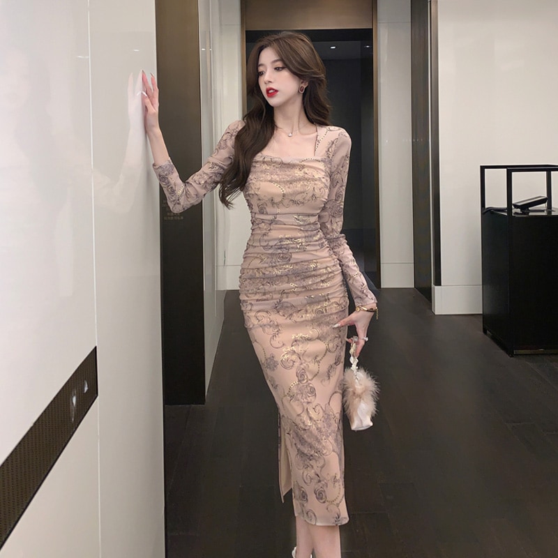 お嬢様プリント高級感　上品ワンピース