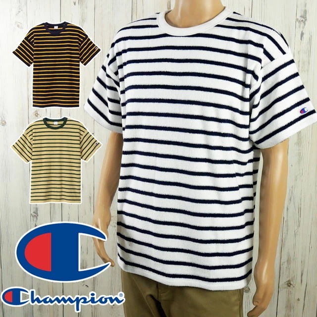チャンピオン Tシャツ メンズ C3-Z334 ショートスリーブボーダーティーシャツ トップス しましま 半袖 パイル地 タオル地 ベーシック 普段着 部屋着 サスティナブル アメリカ綿 白 紺 ベー