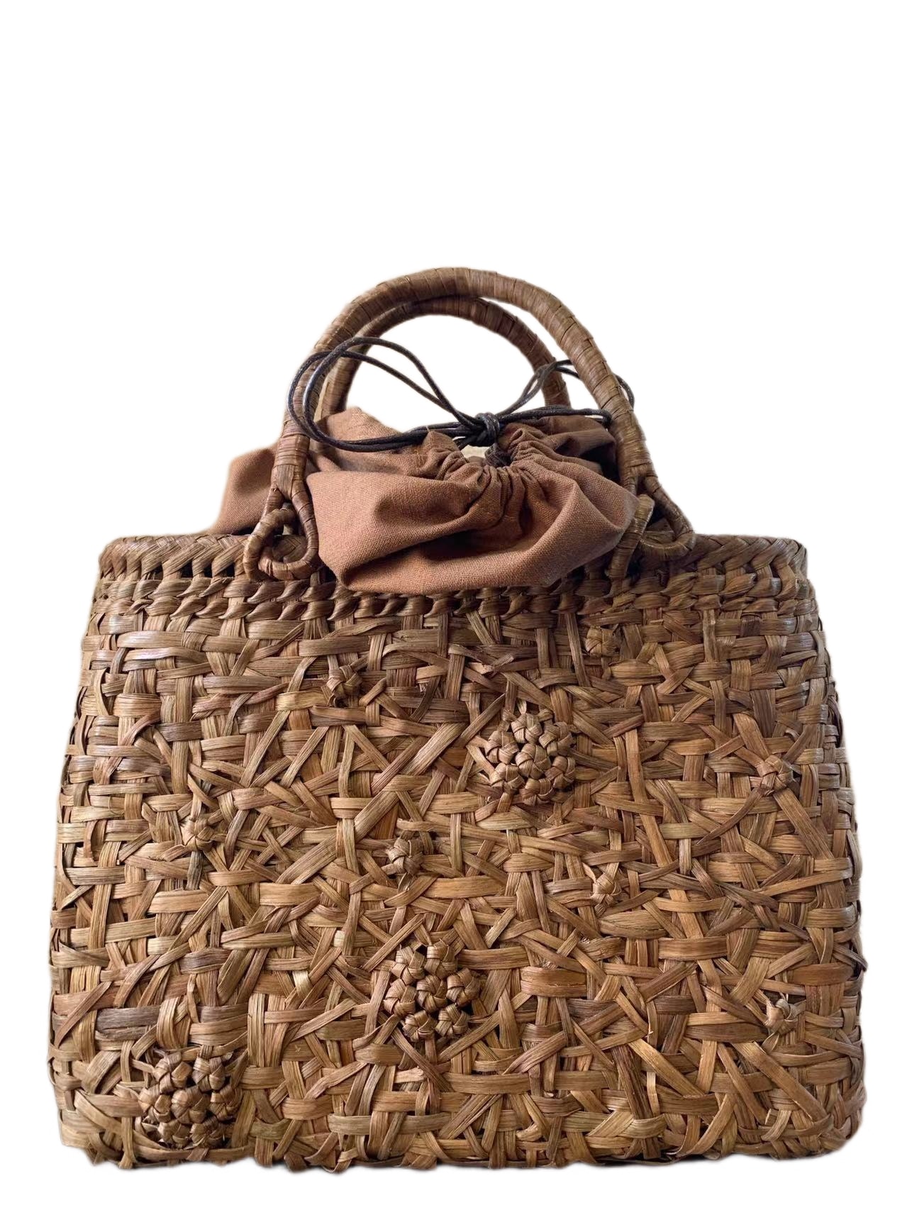 山葡萄　手作り　籠バッグ　乱れ編み花編み　巾着タイプ内布 (約)幅31本体高さ24マチ12cm