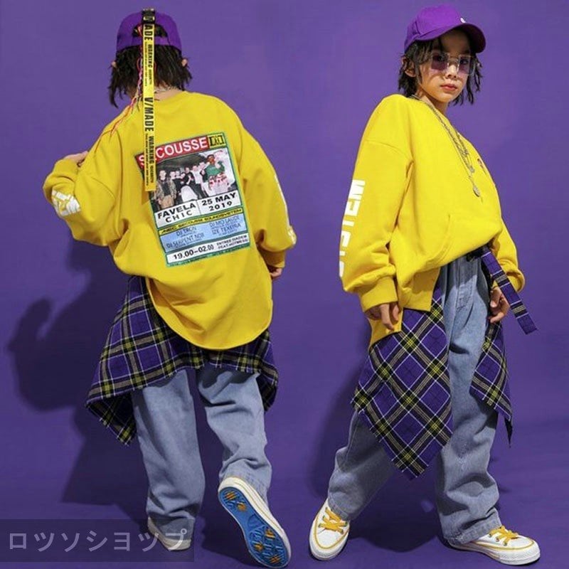 ロツソシヨツプ キッズ ダンス衣装 ヒップホップ セットアップ チェック柄 HIPHOP 長袖 巻きスカート トップス ズボン 男の子 女の子 子供服 韓国 かっこいい