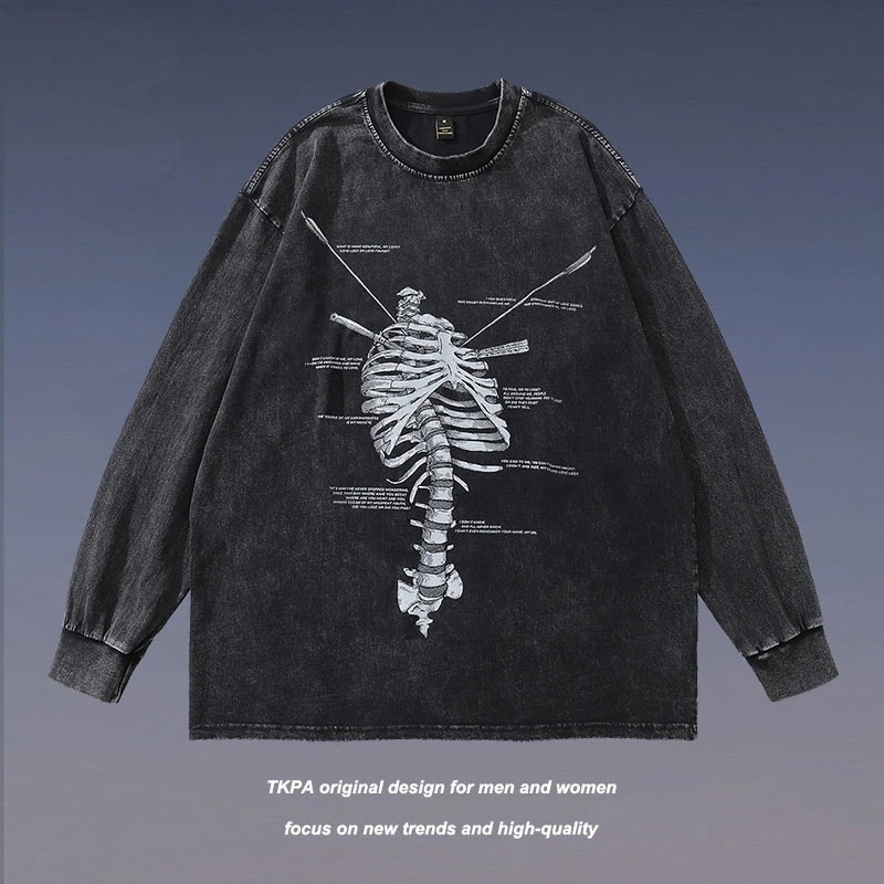TKPA アメリカン ハイストリート スカル プリント ウォッシュド 長袖 ボトム T シャツ メンズ レディース ストリート ヒップホップ ルーズで多用途