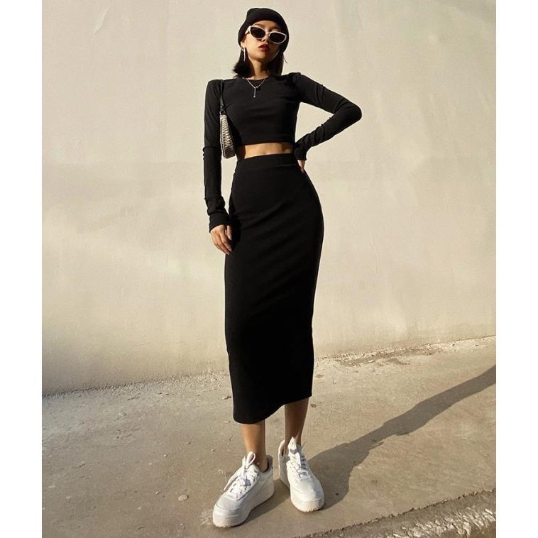2点セット 上下セット セットアップ レディース カジュアル スカート タイトスカート ロング ハイウエスト クロップドトップス 長袖 黒 セクシー S M ブラック ブラウン ライトグレー