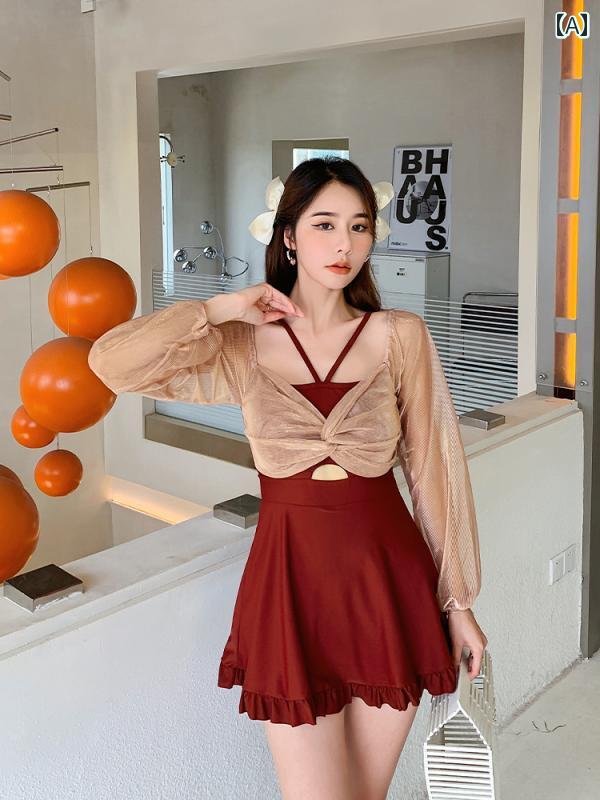 ワンピース 水着 レディース ファッション 夏 プール レジャー 海水浴 カジュアル 長袖 スカート ハイエンド フェアリー レッド