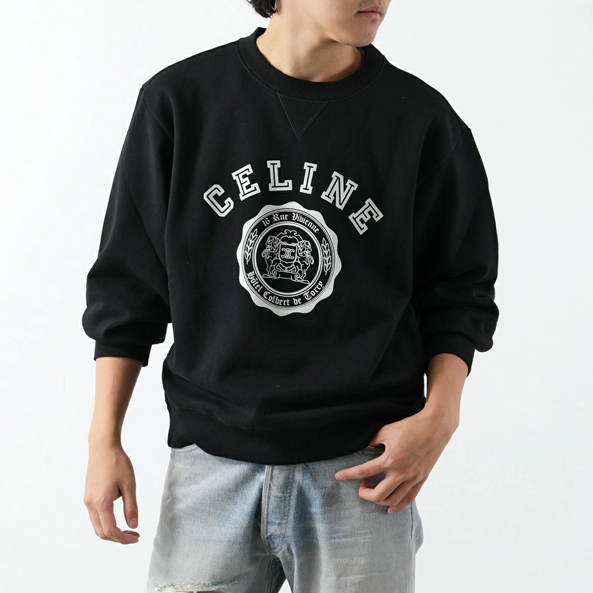 CELINE セリーヌ スウェットシャツ RY030670Q.38AW メンズ クルーネック カレッジロゴ フロッキープリント 長袖