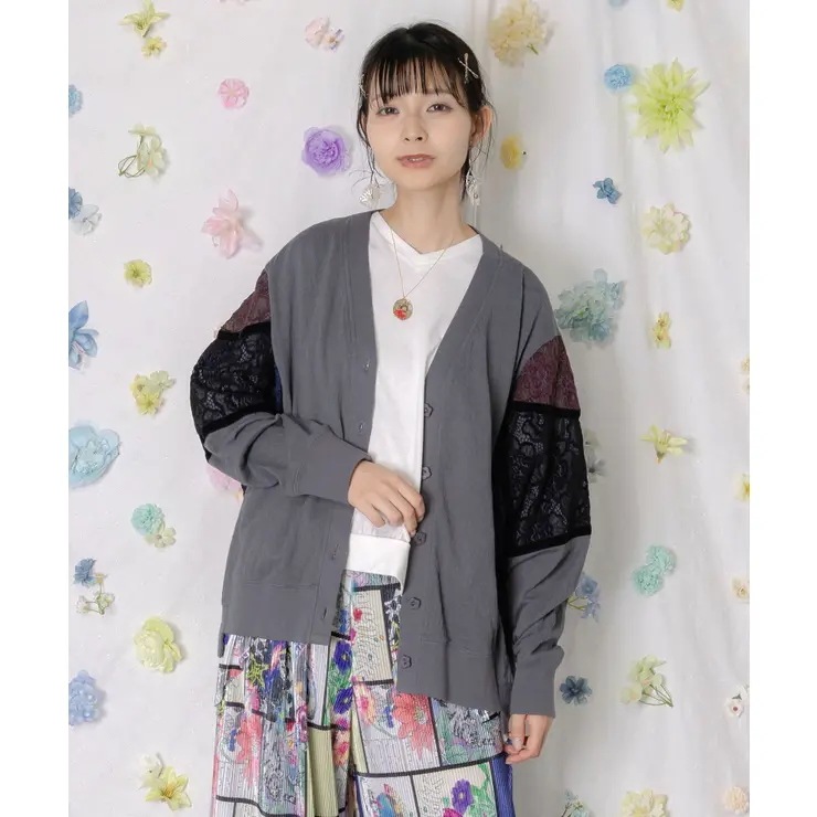 配色花レース×ローズジャガードカーディガン