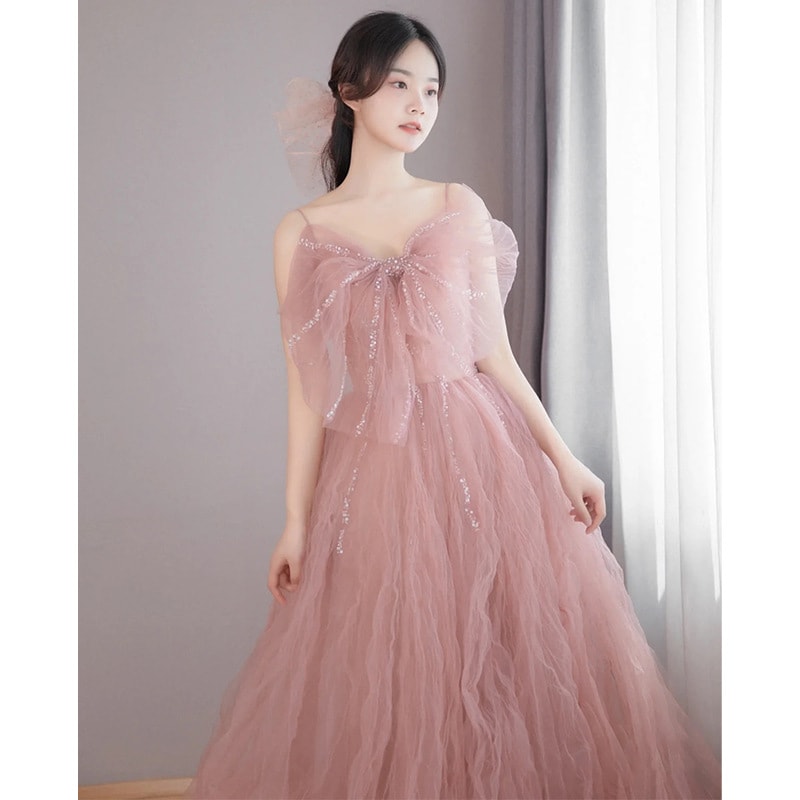 ピンクイブニングドレス女性用2025年エレガント宴会誕生日成人式ドレスふくらみあるガーゼワンピースドレスその他 ワンピースドレス