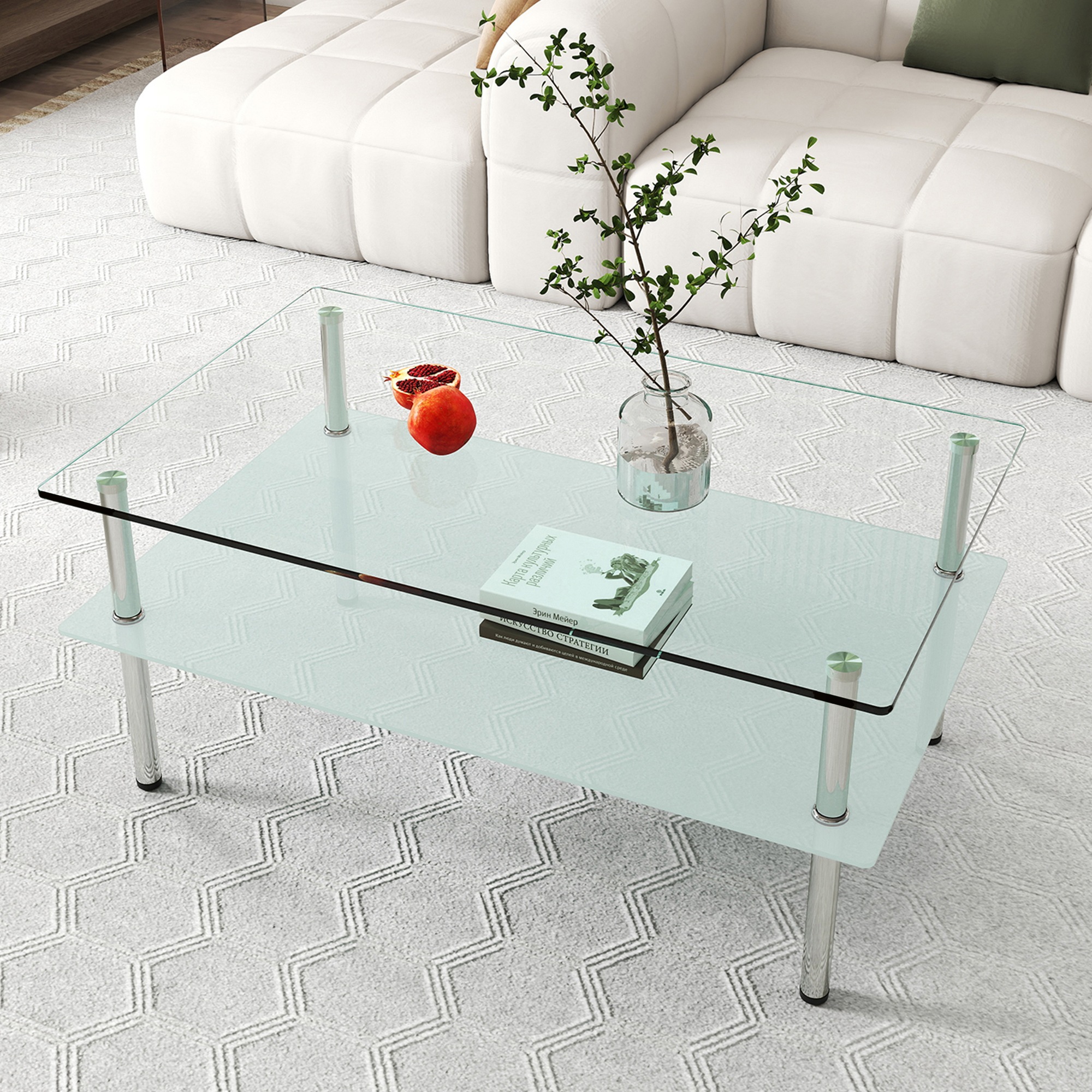 二段ロングコーヒーテーブル 強化ガラス天板+型くずれガラス収納棚 ミニマリストデザイン リビング専用 クリア