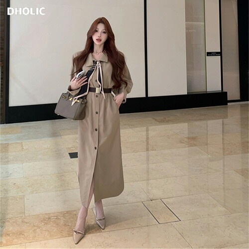 [メガ割りSALE]ストライプスカーフ&ベルト付スリットシャツワンピース