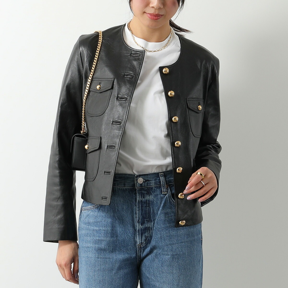 CELINE セリーヌ ジャケット 2F437305Q.38NO レディース トリオンフ レザー ノーカラー 長袖 胸ポケット ブラック