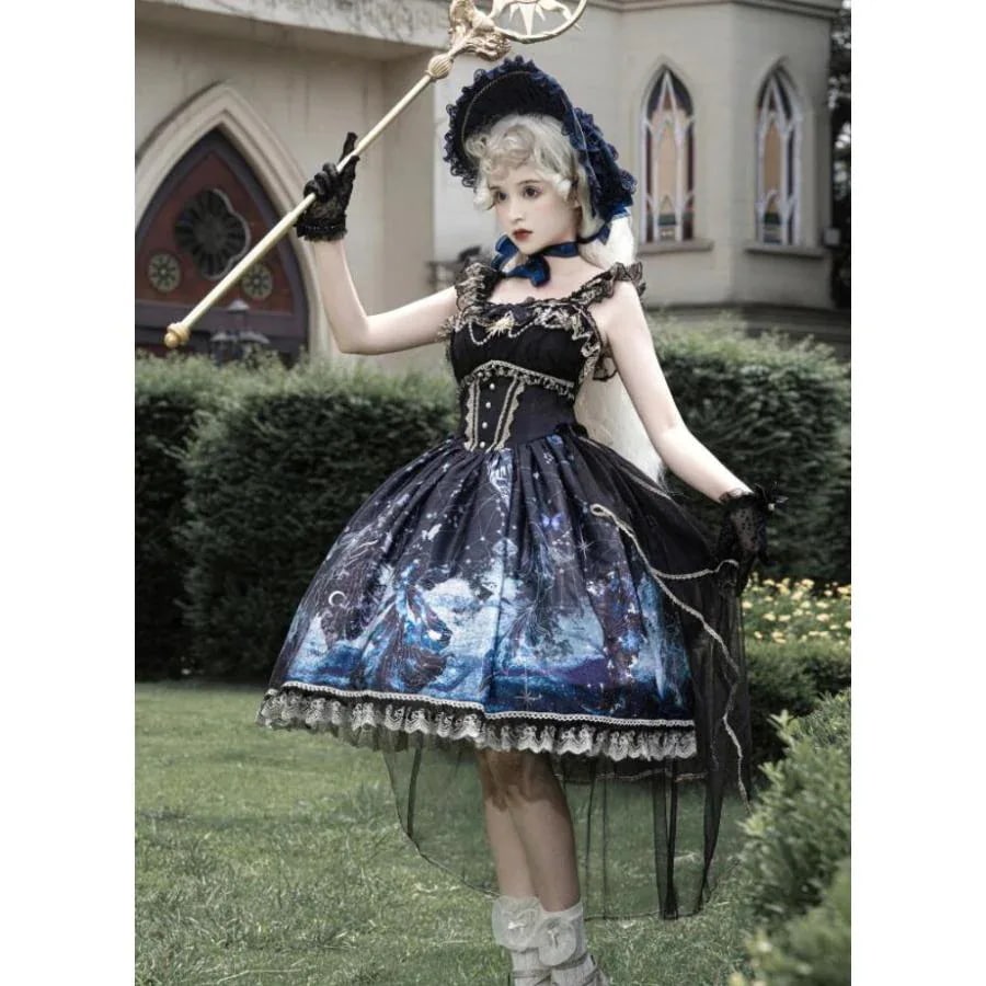 ジャンパースカート ロリータ ワンピース ゴシック＆ロリータ ドレス ゴスロリ ロリータ服 暗黒系 お姫様 ロリータドレス ショート丈 膝丈 裾フリル レース バッ30%までに制限