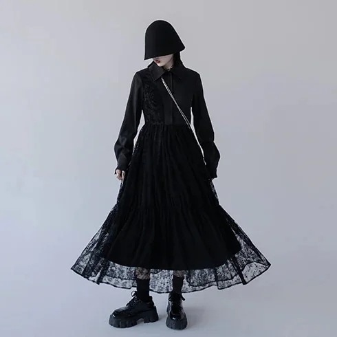 個性 不規則 デザイン ラシカルレース切り替え シャツワンピース 黒 個性ワンピース