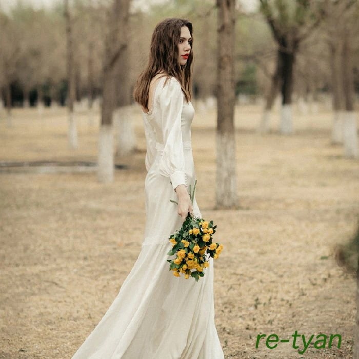 ウェディングドレスエンパイアラインスレンダーロングワンピース白撮影二次会前撮り後撮りフォトウエディン