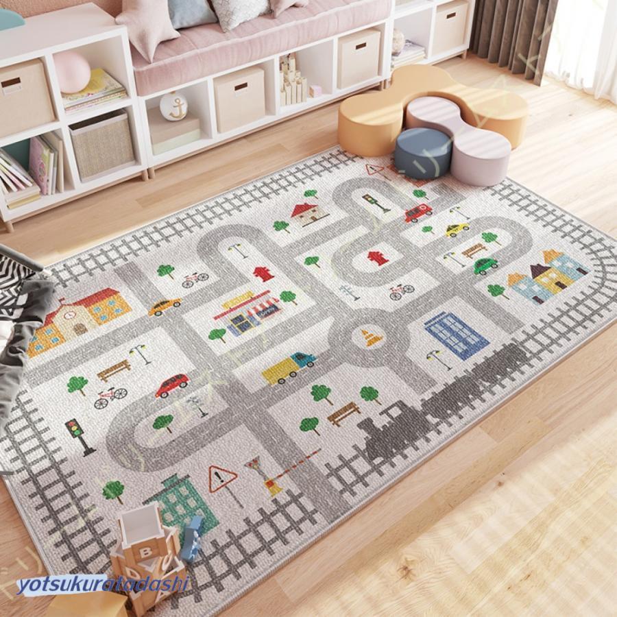 【大好評！最安値挑戦!】キッズラグ カーペット 道路 洗える 赤ちゃん 洗濯機で洗える プレイマット 絨毯 線路 子供部屋 シティー ロードマップ 地図マップ 保温 丸洗い 子供喜ぶラグ