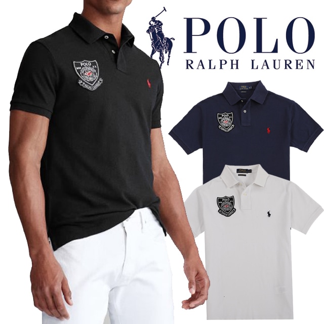 本物保証 メンズコットン鹿の子編み ポニー & エンブレム ししゅう 半袖ポロシャツ カスタムスリム