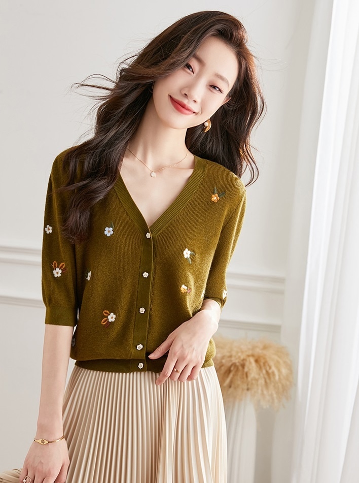 秋 七分袖 刺繍 ウール ニット カーディガン 女性 春 秋 アウター ウェア 薄い セーター ジャケット ホワイト グリーン ブラック M L トップス 袖あり かわいい 大人可愛い きれいめ