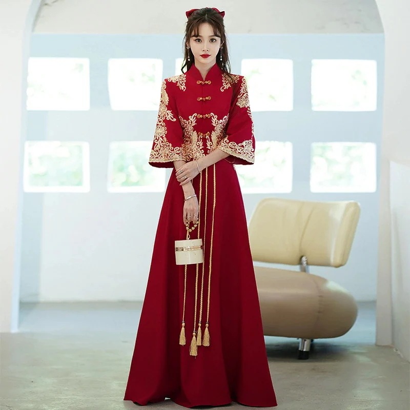 お早めにどうぞ！チャイナドレス ロング丈 マキシ丈 チャイナ ドレス 中国風結婚式 花嫁ドレス 七分袖 改良中華ドレス ワインレッド 金色な刺繍 中国風ウェディングドレス 中華服 チャイナ服 中華 舞