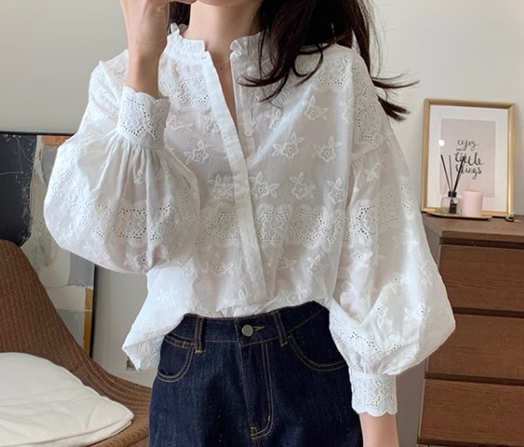 トップス 長袖 スタンドカラー 刺繍 きれいめ 上品 おしゃれ 無地 春 夏 秋 OL デート お出かけ S M L ホワイト