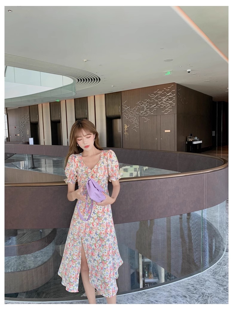 夏 ビデオ フレンチ Vネック スリット セクシー 花柄 シフォン フリル 半袖 ドレス 個性的 ワンピース ロング ロング丈 袖あり 半袖 Vネック 襟なし かわいい 大人可愛い 上品 おしゃれ