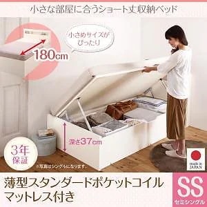小さな部屋に合う ショート丈 収納ベッド [Odette]オデット [薄型スタンダードポケットコイルマットレス付き] セミシングル 深さラージ