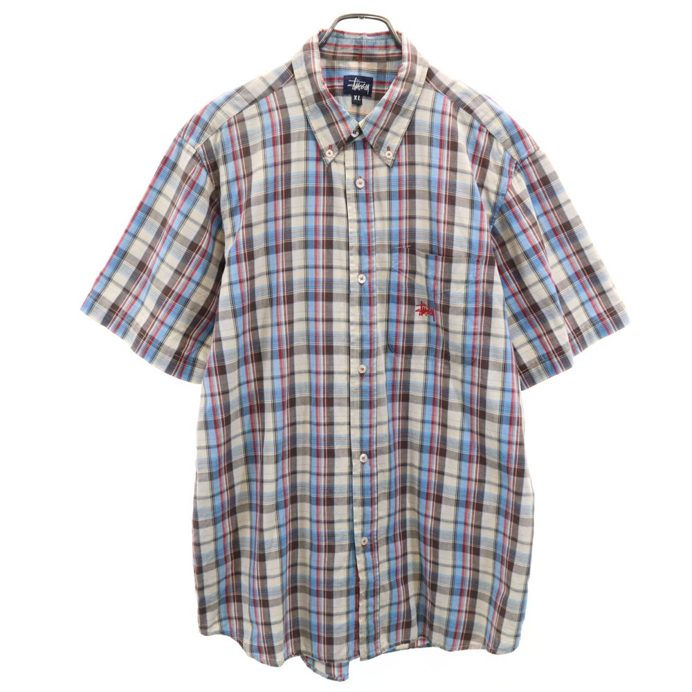90s USA製 オールド 紺タグ チェック柄 半袖 ボタンダウンシャツ XL メンズ