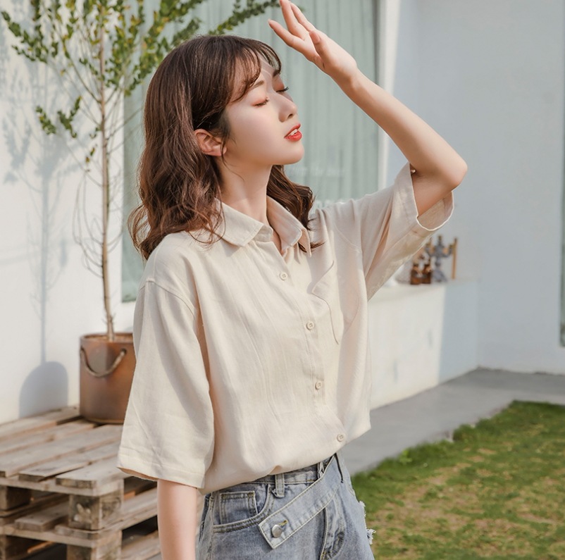 トップス モテアイテム シャツ 5分袖 五分袖 襟付き ワイド ポケット 前開き 通気性 薄手 シンプル カジュアル 上品 おしゃれ お洒落 レトロ 女子 こなれ感 ラフ マニッシュ ルーズ