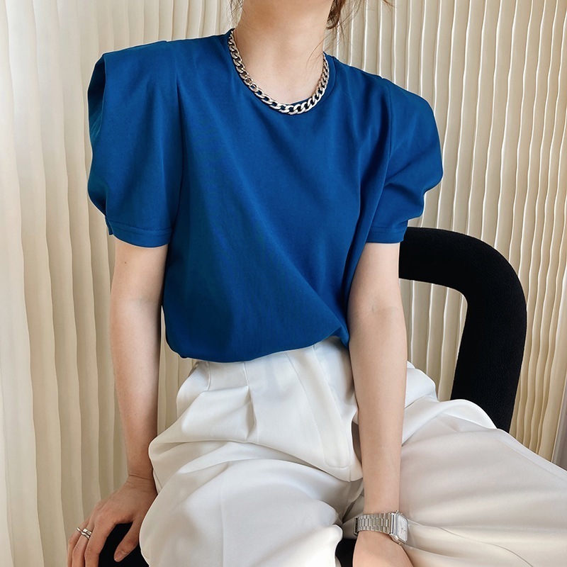 トップス Tシャツ カットソー 白トップス ショート ショート丈 半袖 パフスリーブ ラウンドネック ストレート かわいい 大人可愛い きれいめ シンプル 大人 上品 おしゃれ お洒落 大人女子